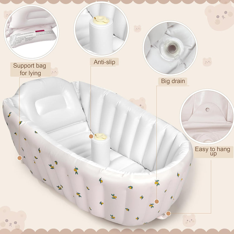 Inflatable baby bath seat with non-slip center, backrest, and big drain plug