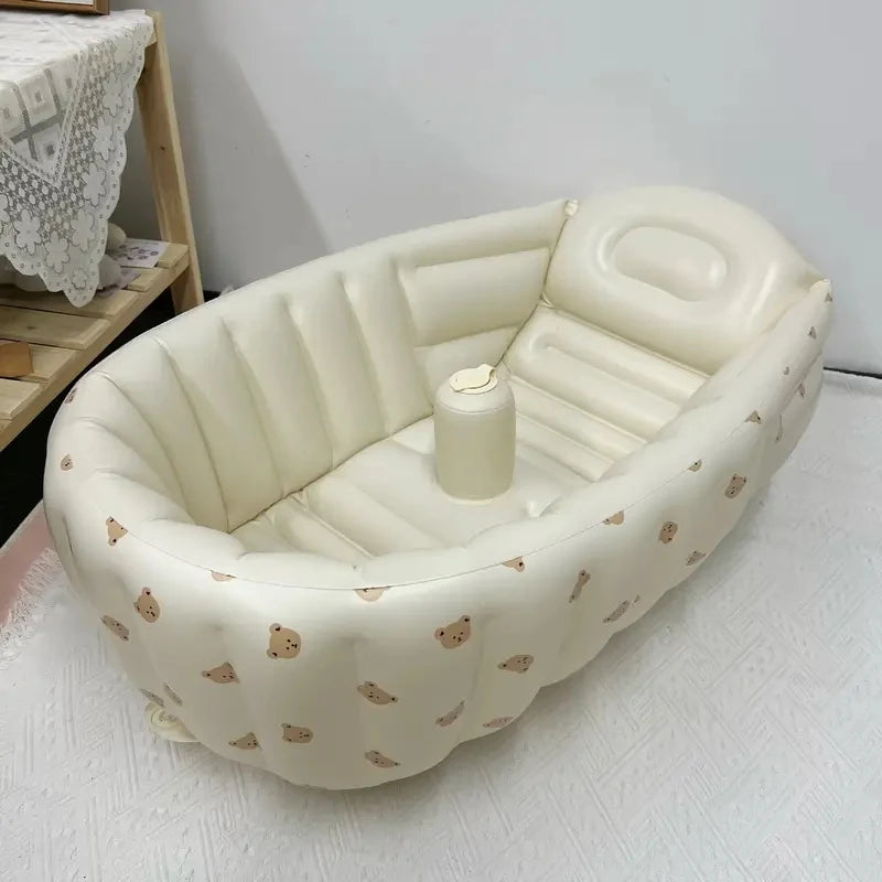 Soft inflatable baby bath tub with built-in air pump – teddy bear design