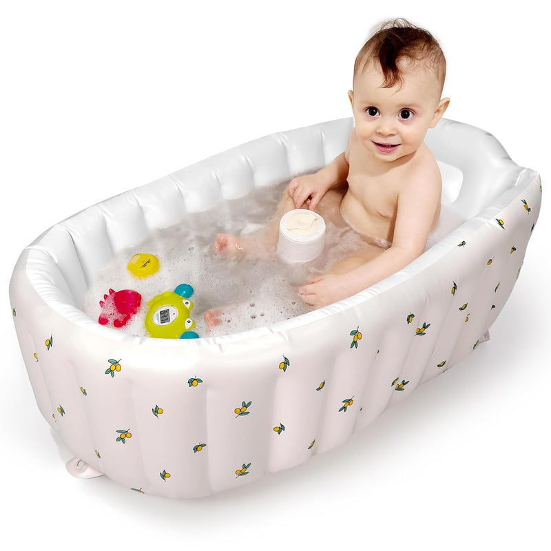 Baby using inflatable fruit print bath tub – baby bath seat for fun, safe bath time