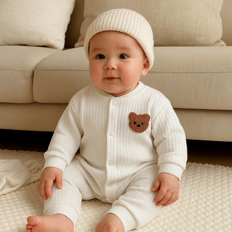 Infant in white baby romper with teddy bear patch – cozy winter outfit for baby boys and girls