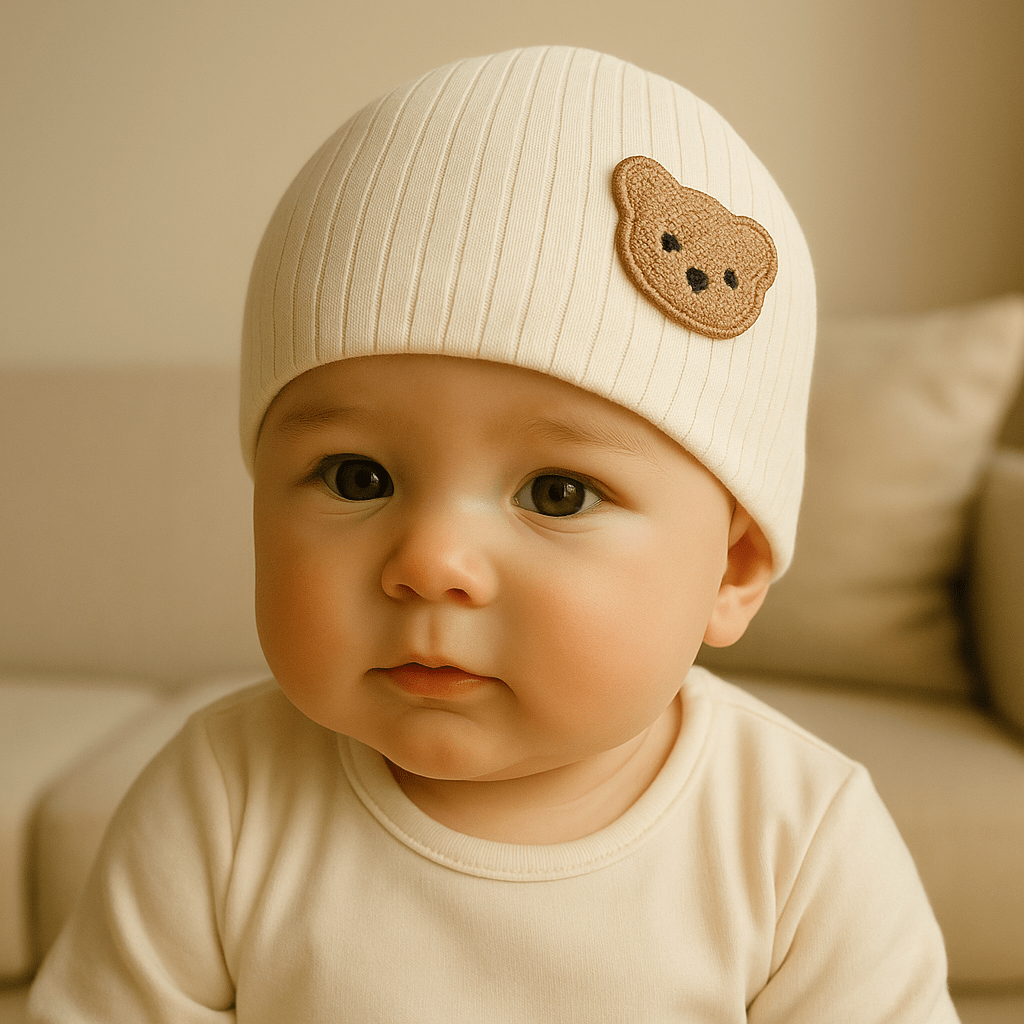 Baby beanie hat with teddy bear design in beige color – soft cotton beanie for infants 0–12 months