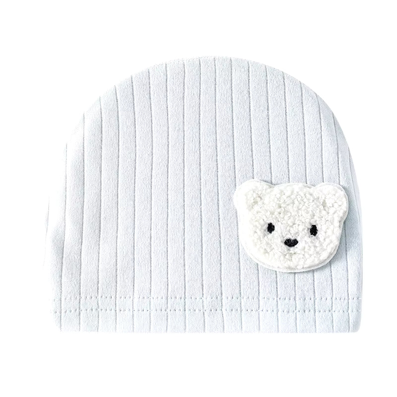 Blue baby beanie hat with teddy bear patch for girls and boys – warm infant winter accessory