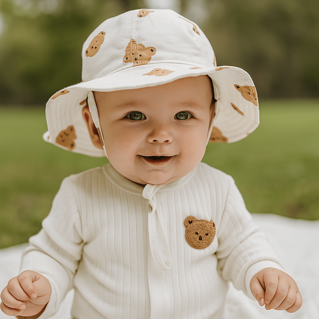 Smiling baby wearing an infant summer hat with teddy bear print, perfect newborn beach hat for sun protection.
