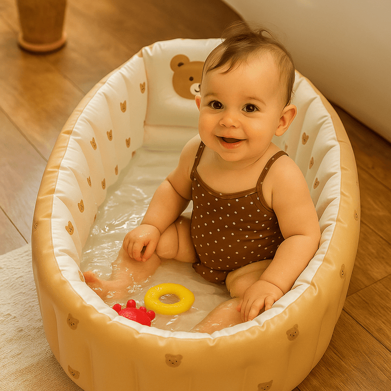 Baby sitting in an inflatable baby bath tub with backrest, wearing a swimsuit – ideal bath seat for infants