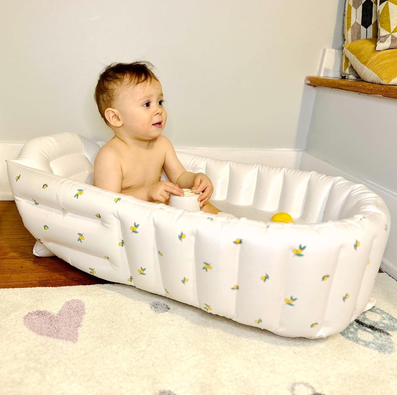 Baby using fruit print inflatable baby bath tub – gentle support for bathing