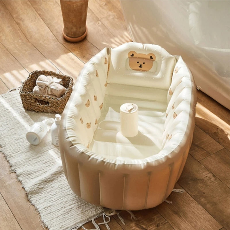 Inflatable baby bath tub with exclusive teddy bear print – soft and safe tub for 6+ month old infants