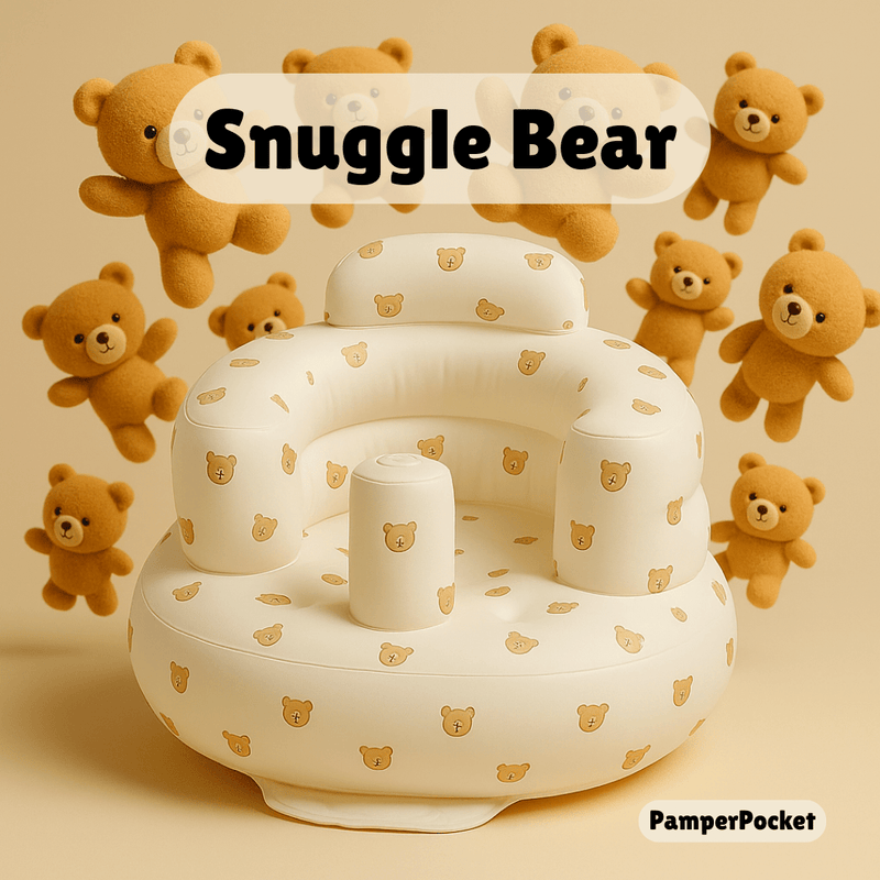 Inflatable baby sit up chair with teddy bear print – supportive baby floor seat for play, feeding, and early sitting, a top baby must have for 2025