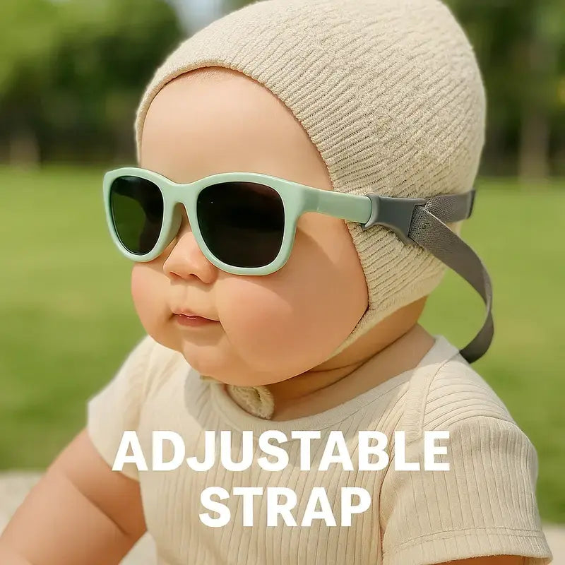Baby wearing infant sunglasses with adjustable strap – blue UV400 baby sunglasses for 0–36 months