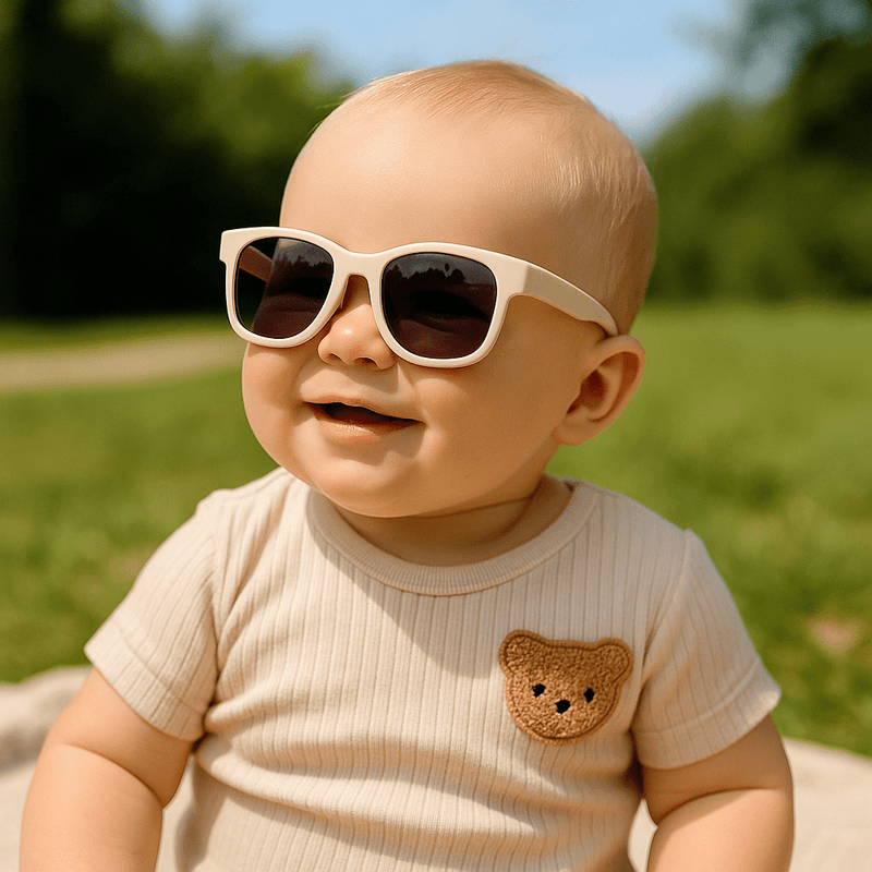 Baby wearing polarized baby sunglasses with adjustable strap – UV400 sun protection, perfect for 0-36 months